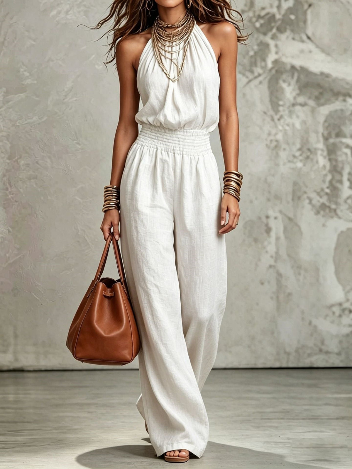 Womens Sleeveless Jumpsuit Backless Lace-up Halter Overall Pants Wide-leg Straight Onesie Trousers