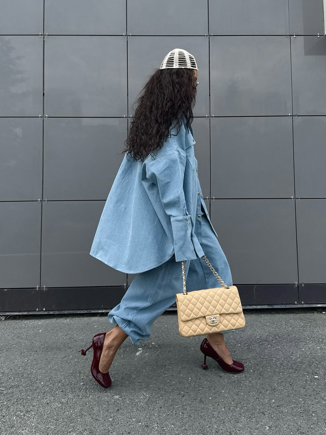Light Blue Denim Oversized Shirt And Baggy Pants Set