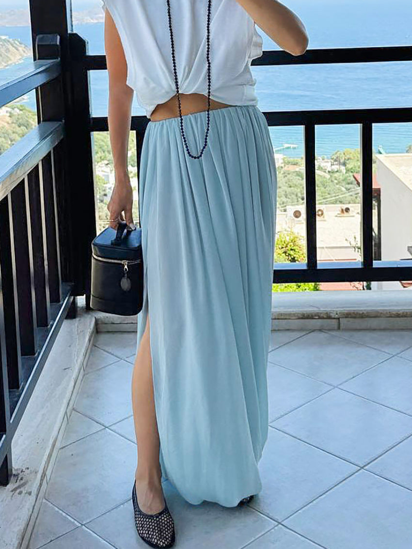 Draped Pleated Wide Leg Maxi Skirt