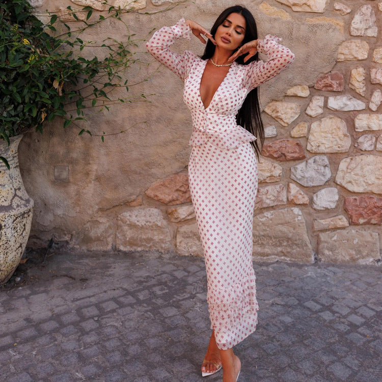 Cross Print Two-Piece Peplum Set
