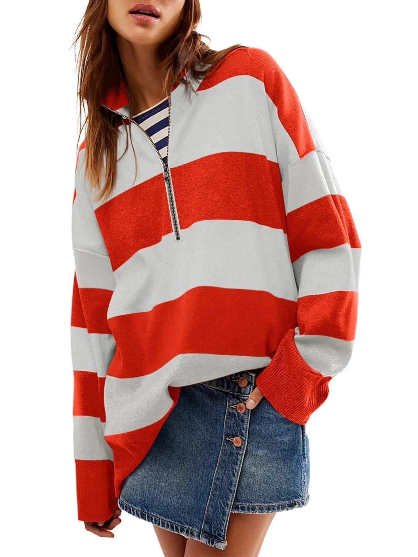 Striped Half-Zip Oversized Sweatshirt
