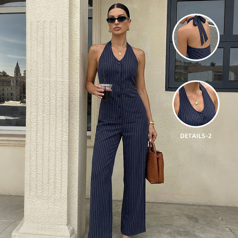 Navy Pinstripe Halter V Neck Button Front Wide Leg Jumpsuit