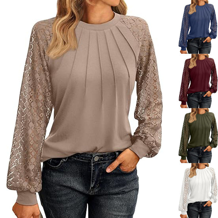2026 Autumn New European And American Women's Long Sleeved Shirt Lace Top Casual Knitted Shirt