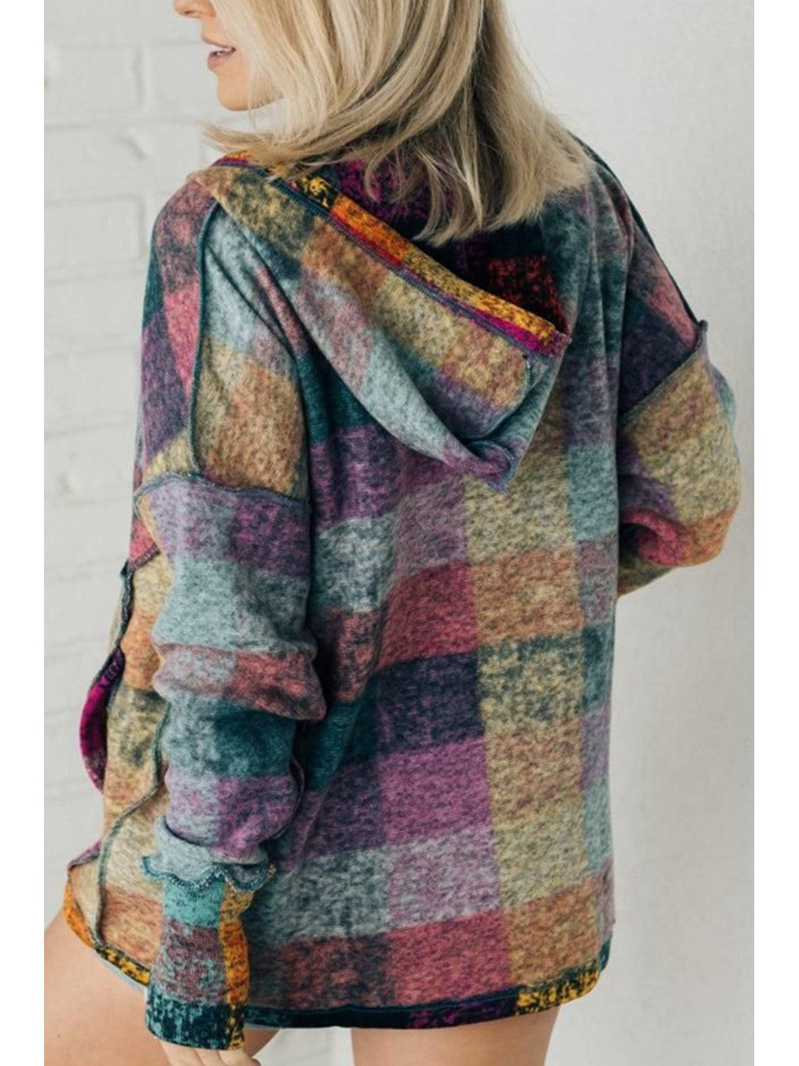 Women Multicolor Brushed Plaid Buttoned Pullover Oversized Hoodie