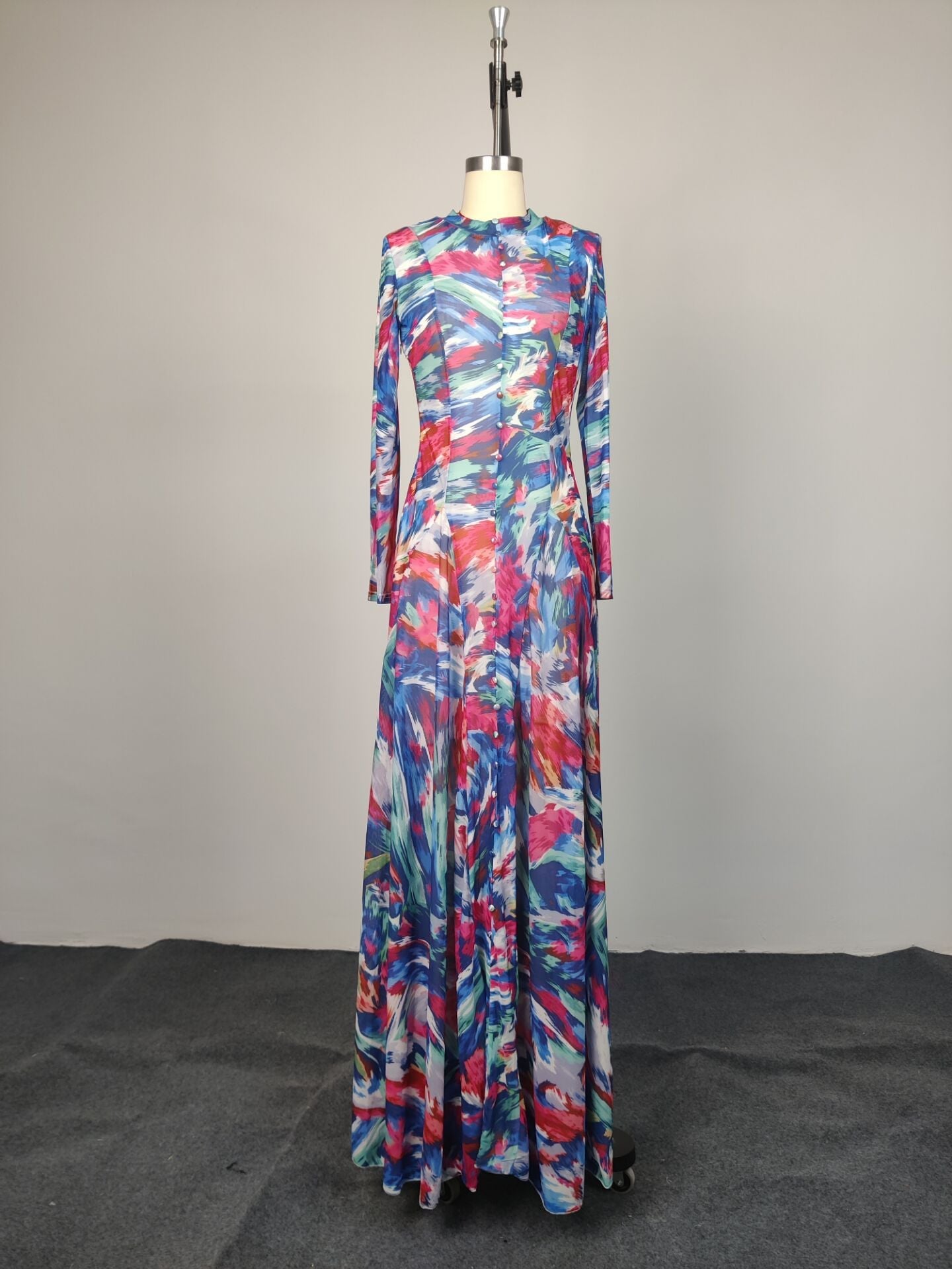 Multicolor Abstract Print Long Sleeve Maxi Dress