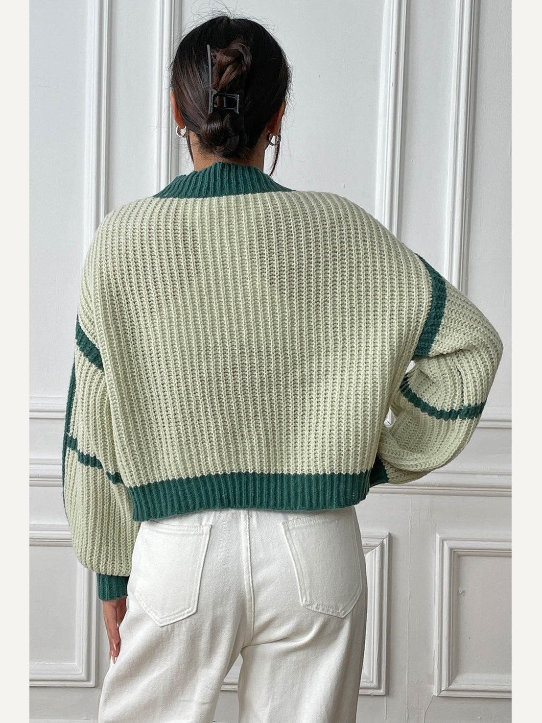 Women Contrast Open Front Long Sleeve Cardigan