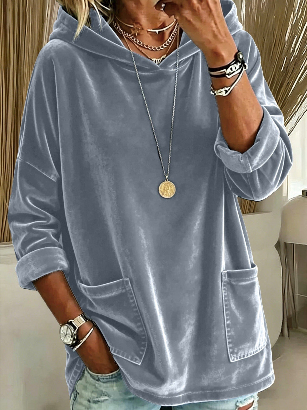 2026 New European & American Casual Solid Color Fleece Hoodie, Women Loose Long Sleeve Pullover Sweatshirt