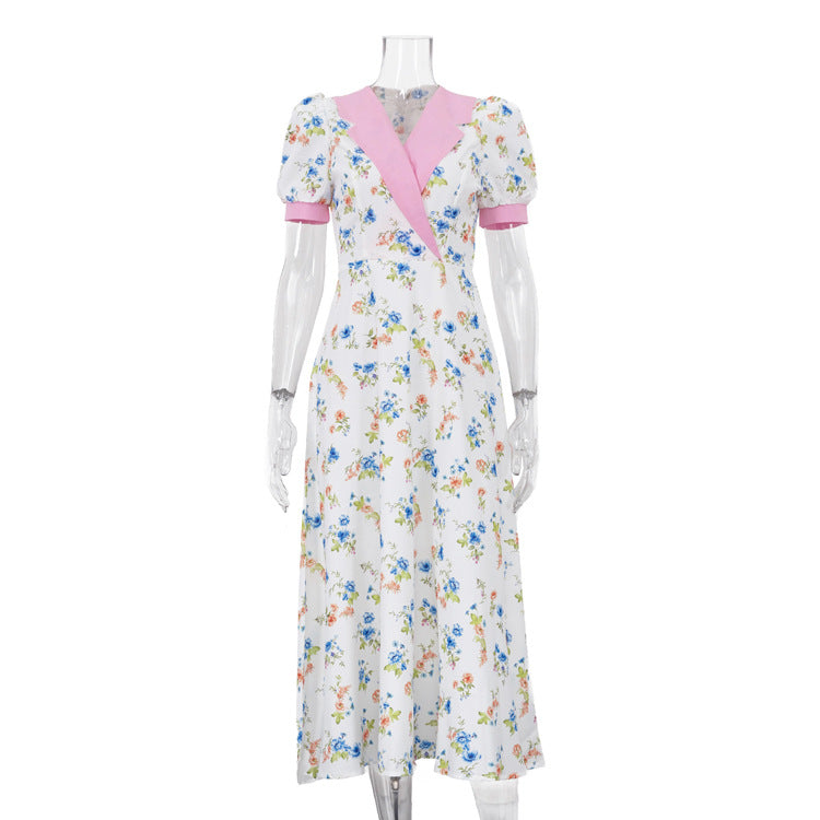 Contrast Lapel Puff Sleeve Floral Print Midi Dress