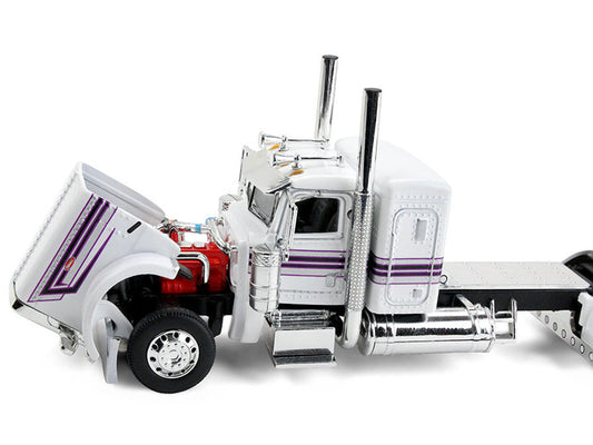 Peterbilt 389 with 36" Flat Top Sleeper and Fontaine Magnitude Lowboy Trailer White with Black Stripes 1/64 Diecast Model by DCP/First Gear