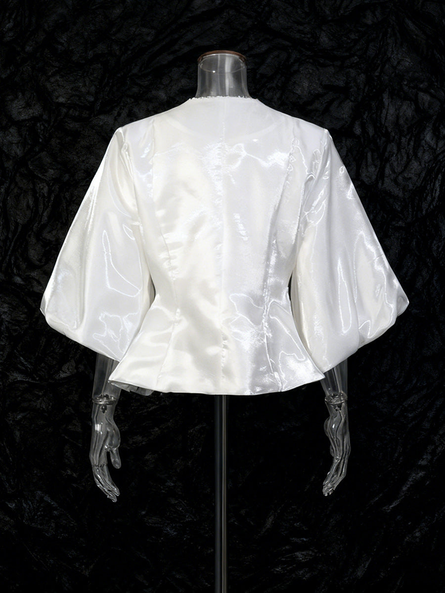 Round Neck Solid Color Single-breasted Lantern Sleeve Shirt
