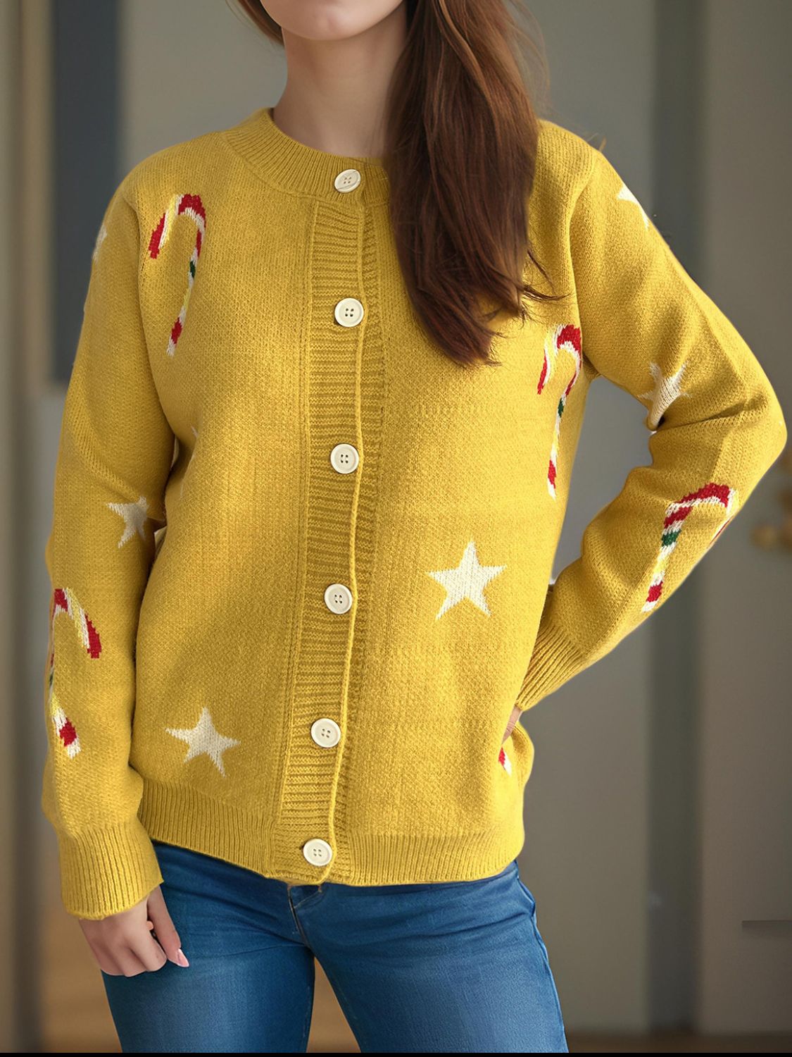 Women Candy Cane & Star Button Down Long Sleeve Christmas Cardigan