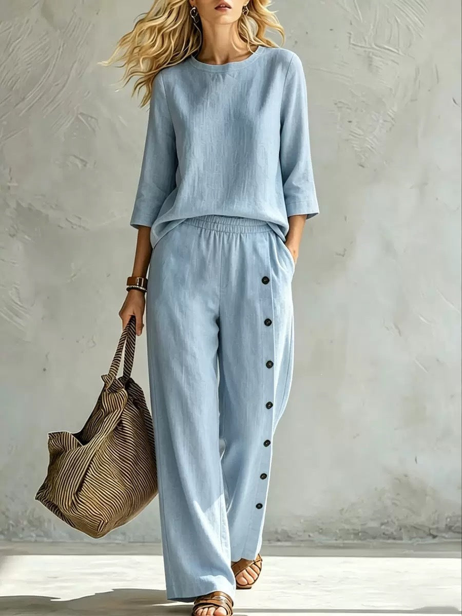 2026 European And American Women's Fashionable Solid Color Buckle Design Casual Loose Two-piece Set