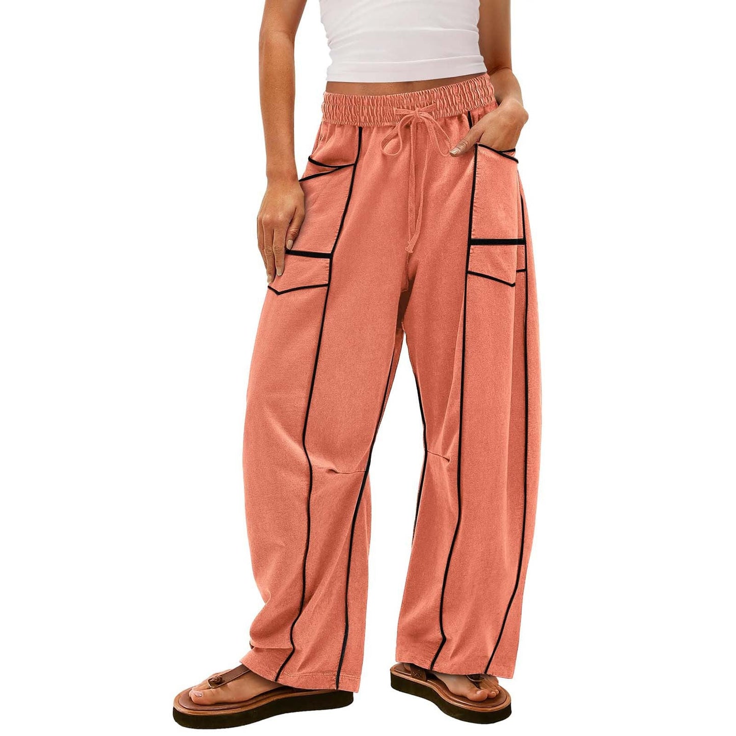 Y2K Black Striped Wide-leg Pants With Pockets Fashion Loose Drawstring Trousers Sports Sweatpants Women's Clothing