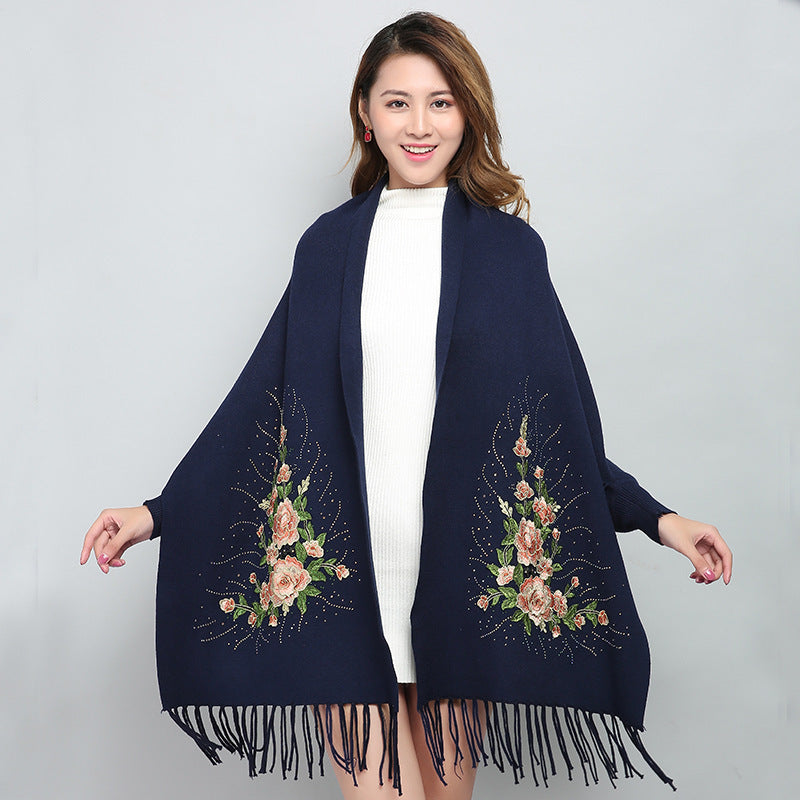 Embroidered Shawl with Sleeves - Women's Winter Wearable Blanket Cape - 3D Floral Print, Soft Viscose Blend