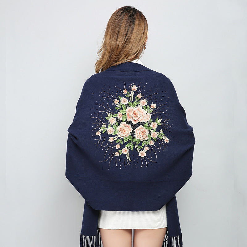 Embroidered Shawl with Sleeves - Women's Winter Wearable Blanket Cape - 3D Floral Print, Soft Viscose Blend