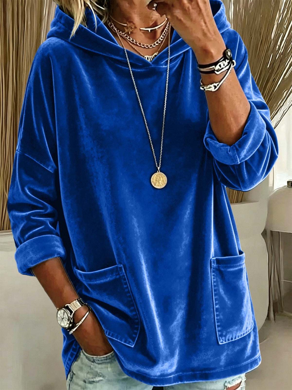 2026 New European & American Casual Solid Color Fleece Hoodie, Women Loose Long Sleeve Pullover Sweatshirt