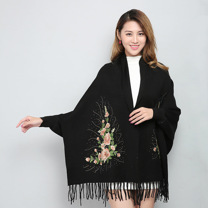 Embroidered Shawl with Sleeves - Women's Winter Wearable Blanket Cape - 3D Floral Print, Soft Viscose Blend