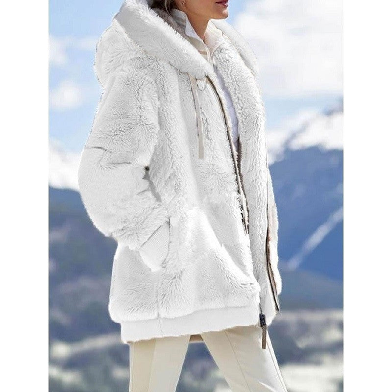 2026 Amazon Hot Selling New Autumn And Winter Loose Plush Zipper Hooded Jacket For Women, Fashionable And Versatile