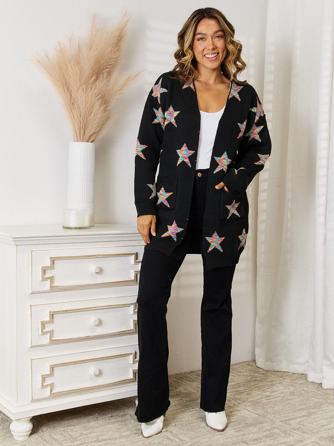 Women Star Pattern Open Front Cardigan Sweater with Pockets