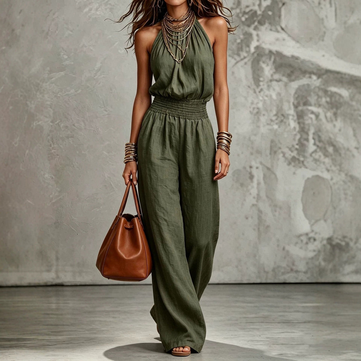 Womens Sleeveless Jumpsuit Backless Lace-up Halter Overall Pants Wide-leg Straight Onesie Trousers