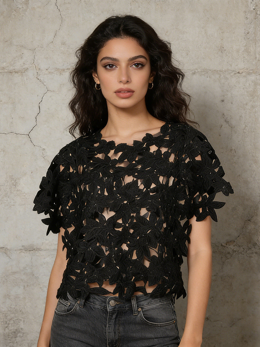 Black Floral Lace Cut-Out Short Sleeve Top