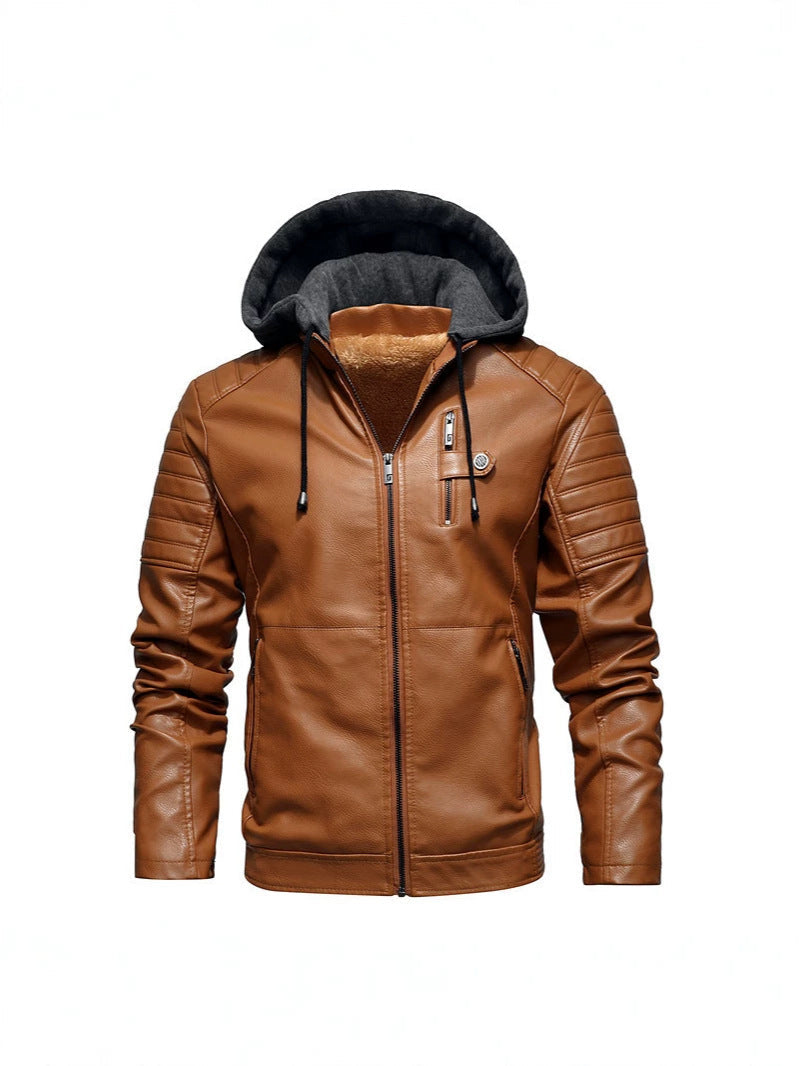 2026 Autumn And Winter New Men's Leather Jacket, Youth Men's Coat, Fleece-Lined Hooded Leather Jacket, Men's Jacket, Factory Ready Stock