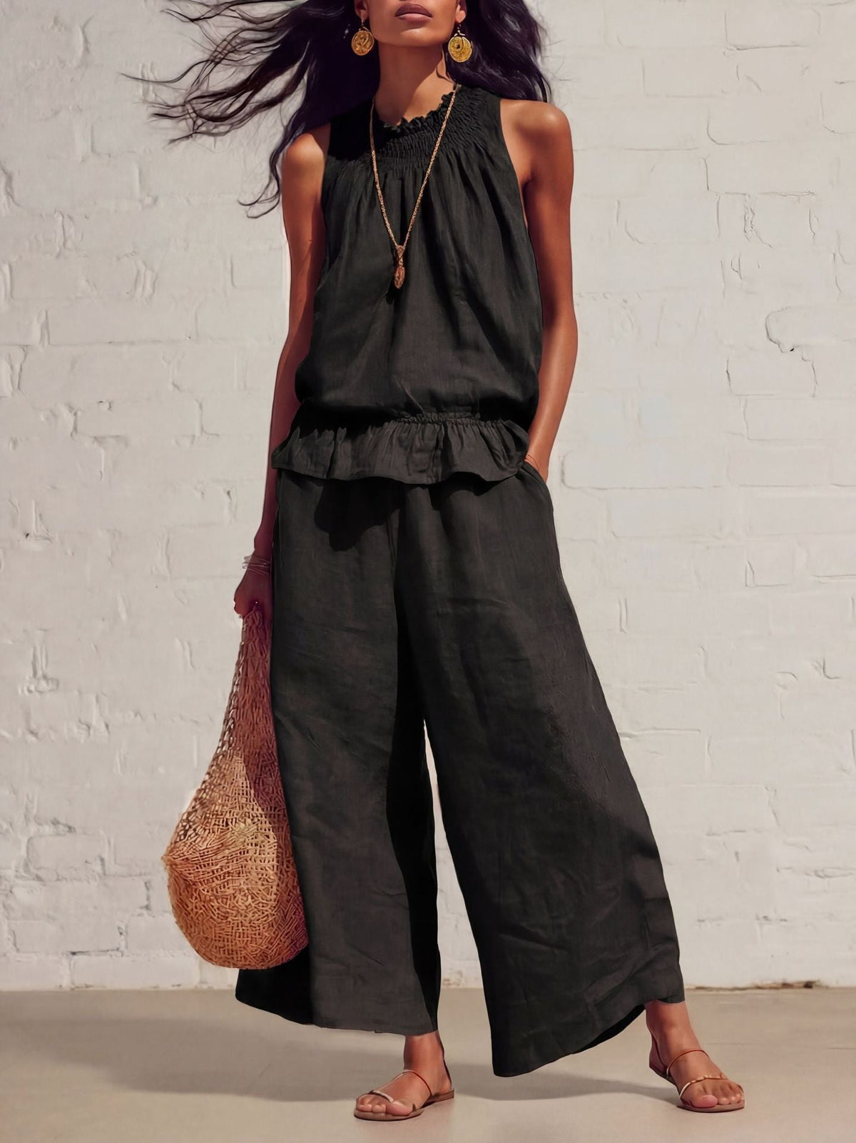 Summer Sleeveless Suit Fashion Ruffled Vest Top And Straight-leg Pants Women's Two-Piece Set