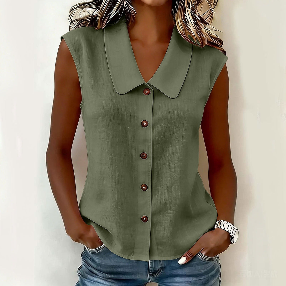 2026 Spring Summer Women S Elegant Business Polo Neck Button Down Blouse Without Sleeves