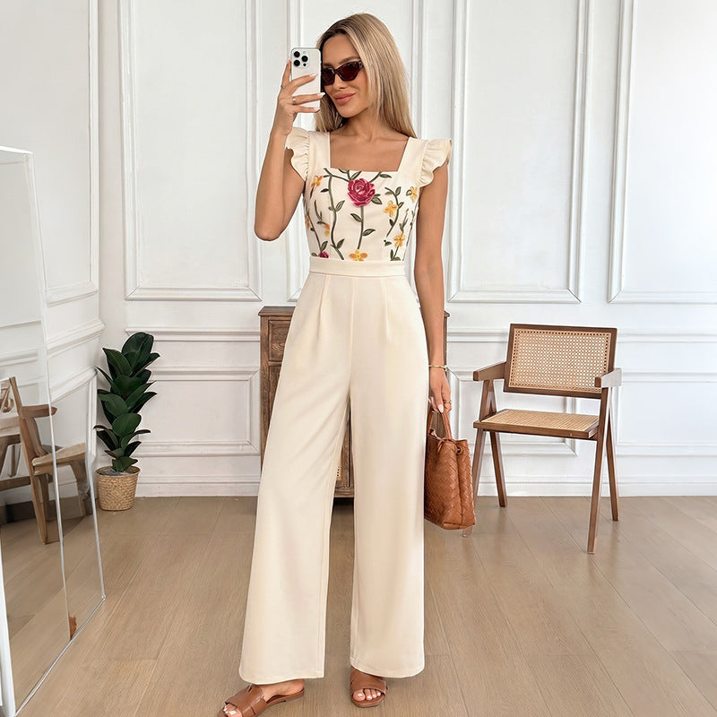 Floral Embroidered Ruffle Strap Wide Leg Jumpsuit
