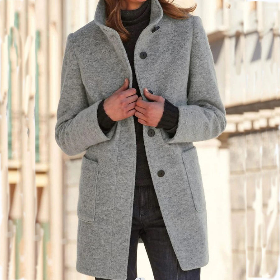Women's Stand Collar Woolen Coat - Slim Fit Fall and Winter Button Front Trench Coat with Pockets