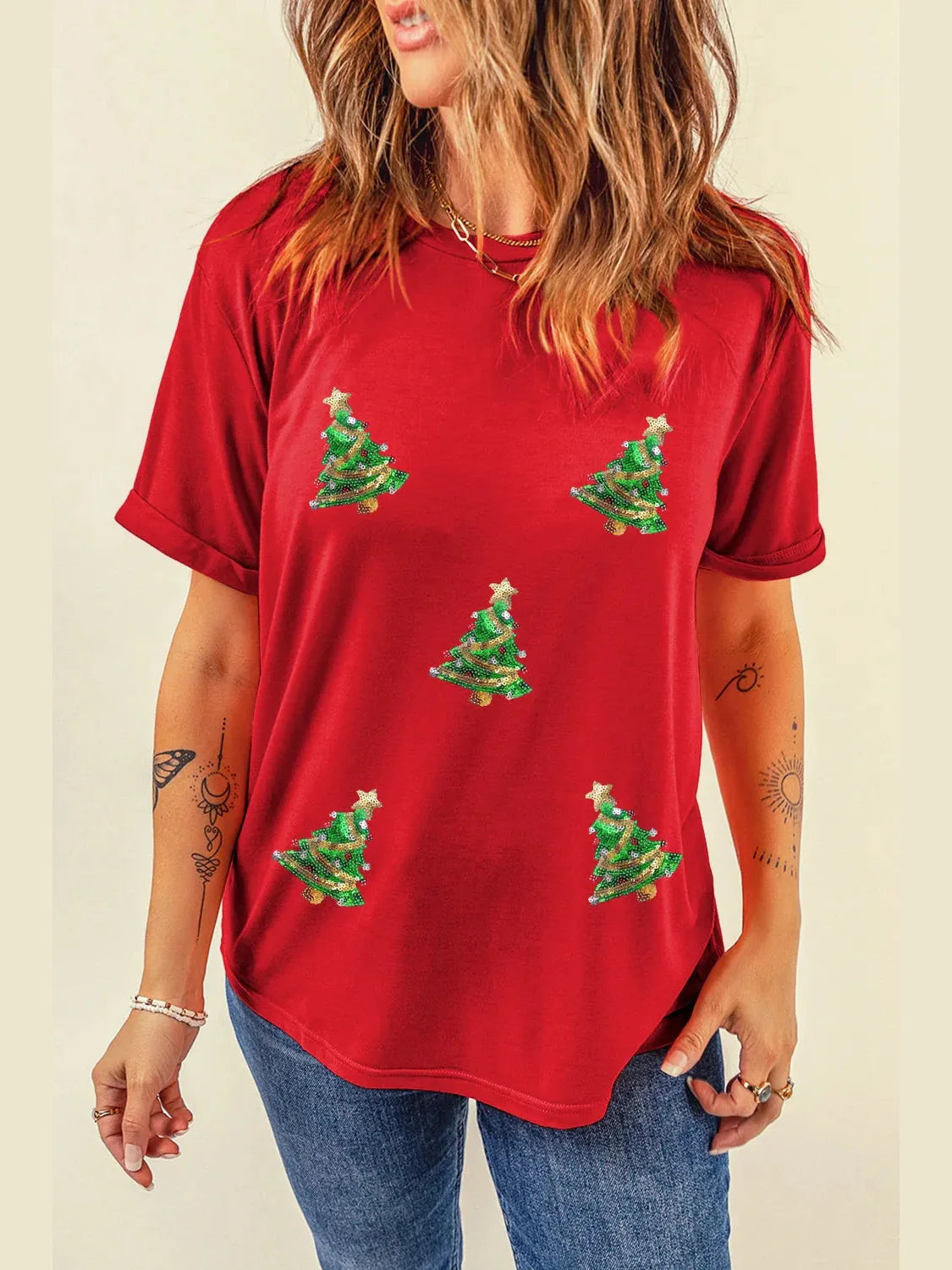 Sequin Christmas Tree Round Neck Short Sleeve T-Shirt
