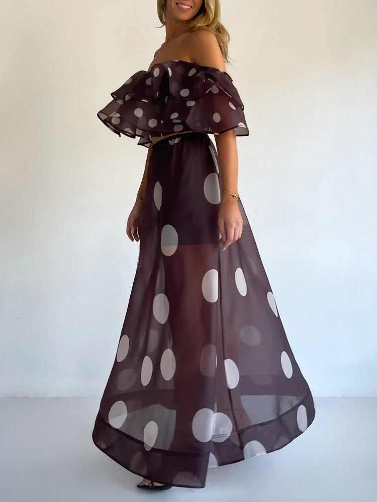Sexy Strapless Irregular Print Ruffled Fashion Suit Long Dress