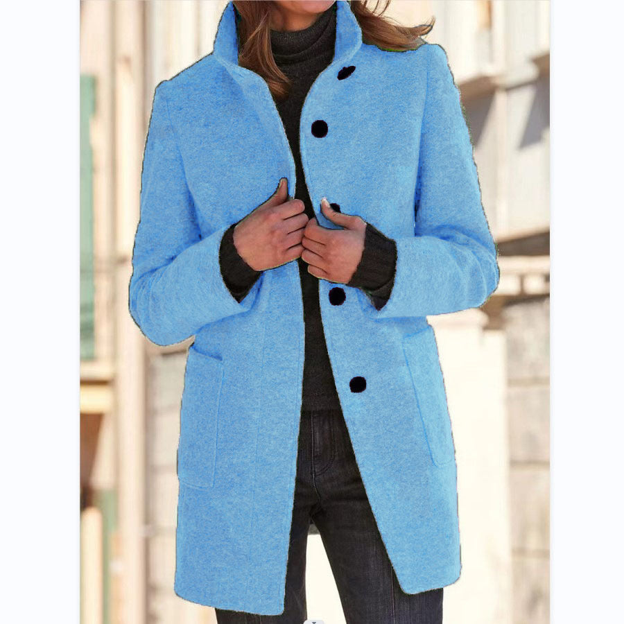 Women's Stand Collar Woolen Coat - Slim Fit Fall and Winter Button Front Trench Coat with Pockets