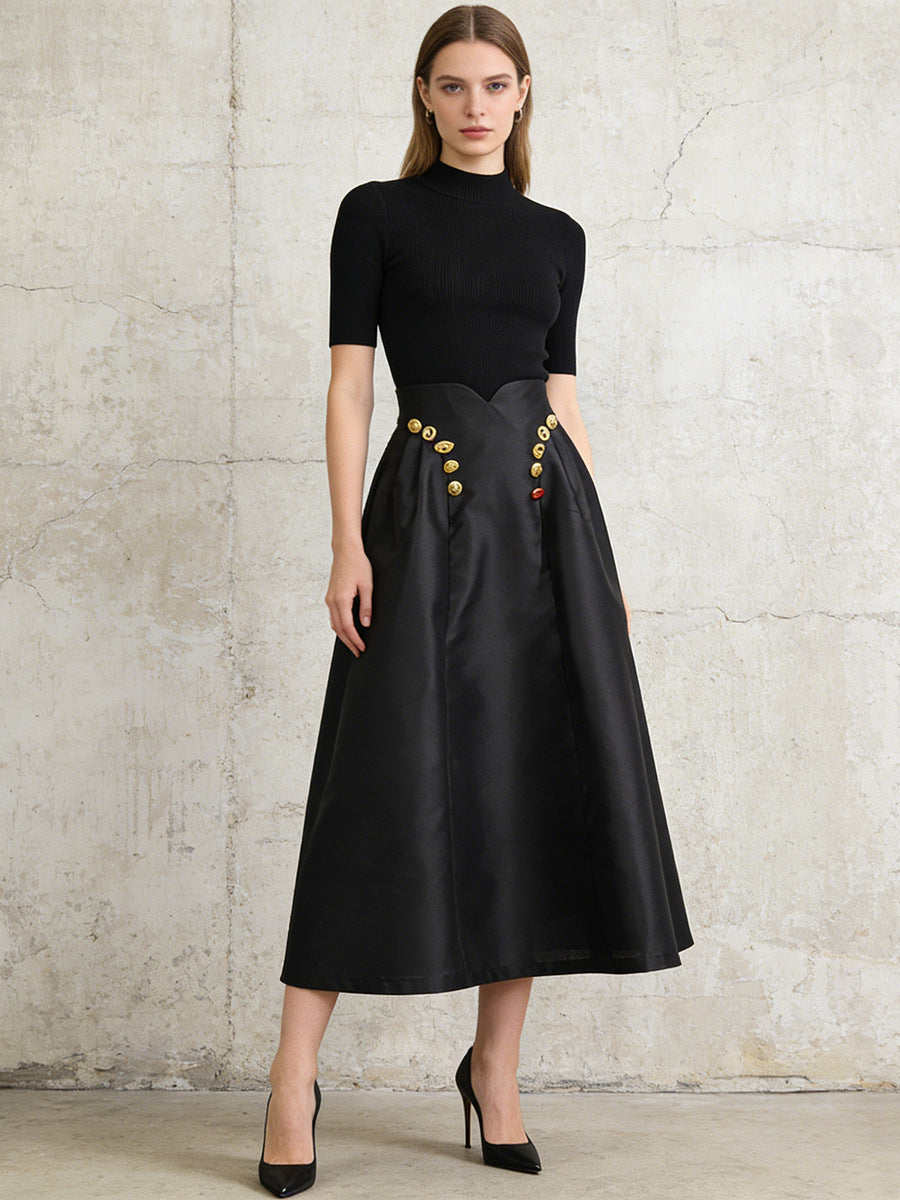Irregularly Shaped Button-decorated Pleated Midi Skirt