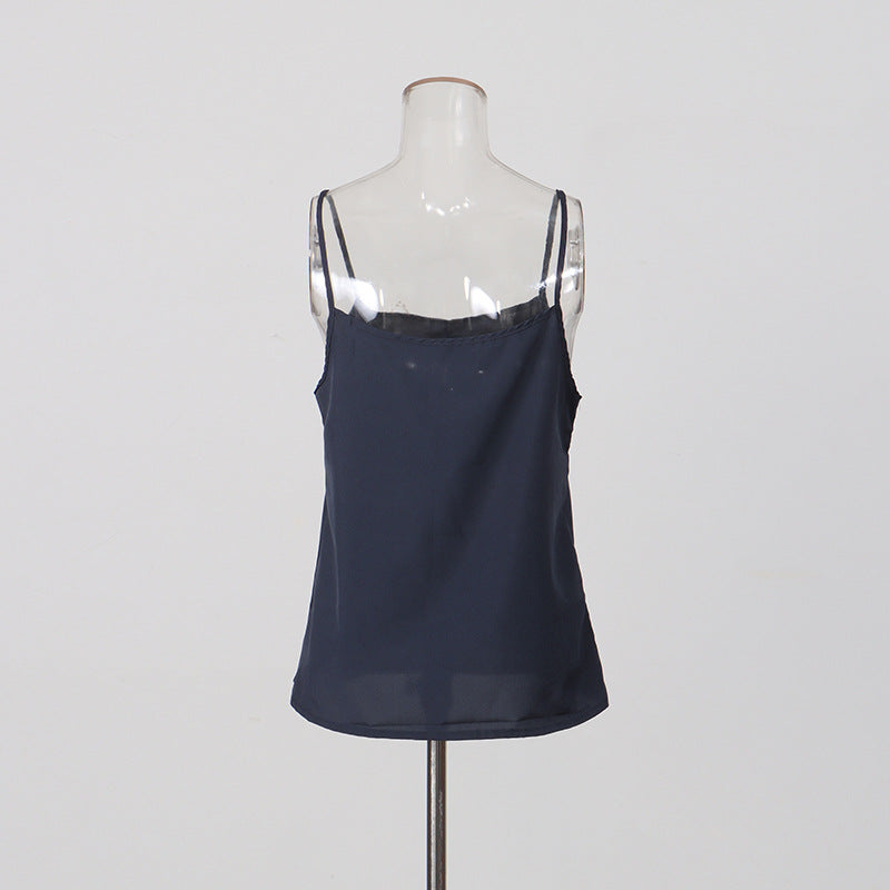 Navy Organza Bow Neck Drawstring Waist Sheer Long Sleeve Blouse