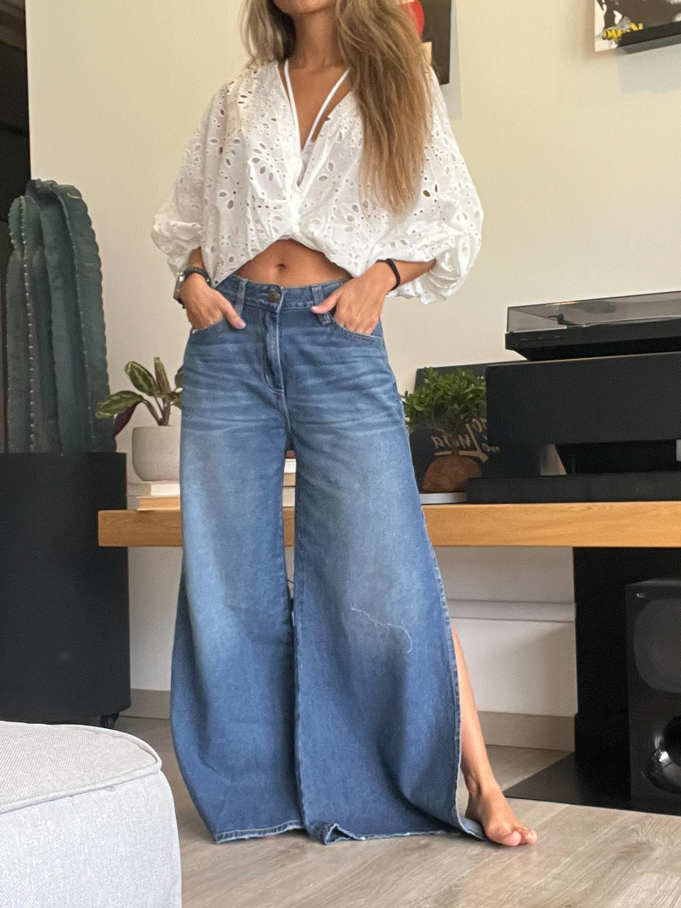 Blue Denim High - Waisted Ultra - Wide - Leg Jeans With Side Slit