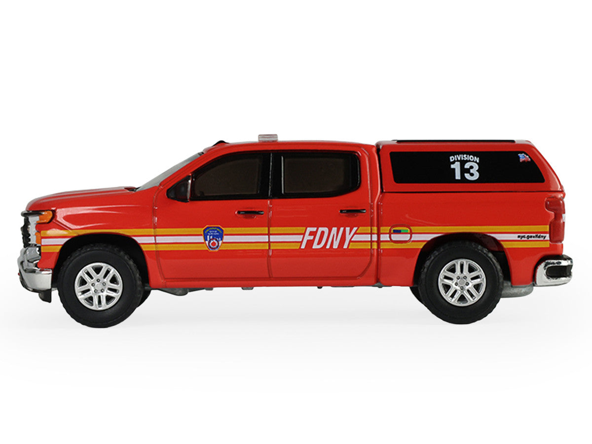 2023 Chevrolet Silverado Pickup Truck with Camper Shell "FDNY (New York City Fire Department)" Red with Stripes "Fire & Rescue" Series #5 1/64 Diecast Model Car by Greenlight