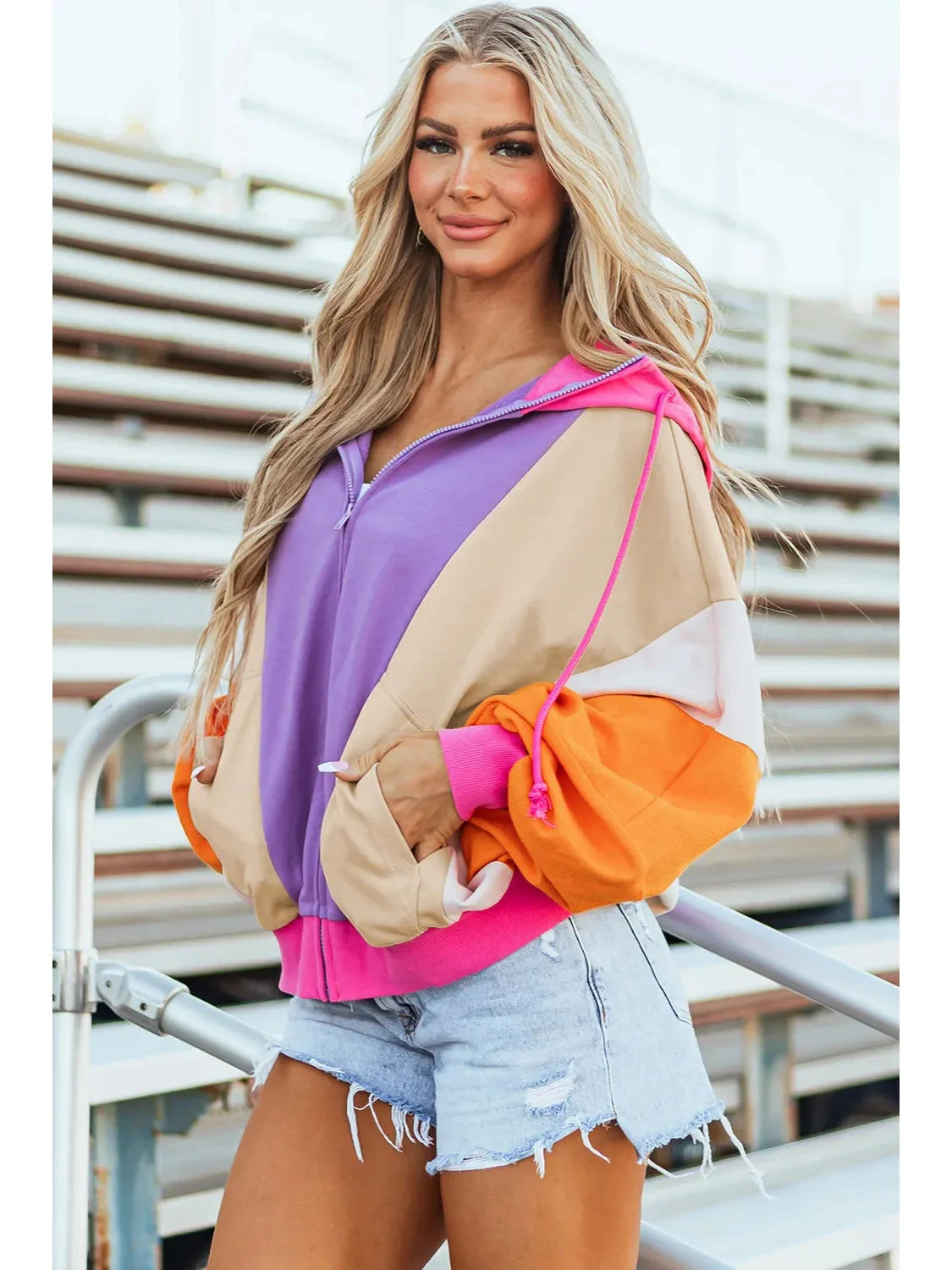 Women Drawstring Color Block Zip Up Long Sleeve Hoodie