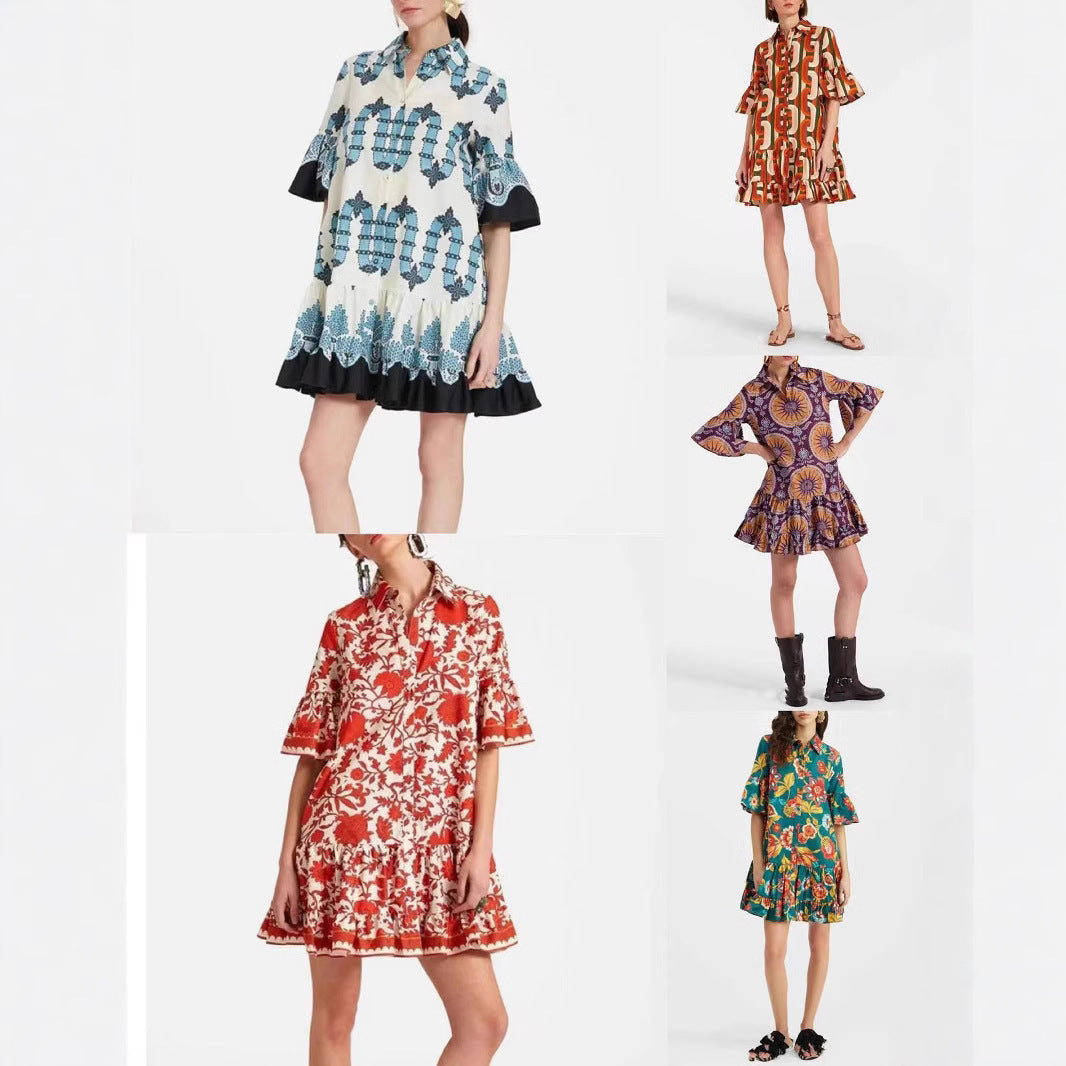 Women's Wear Bell Sleeve Printed Loose Casual Dress