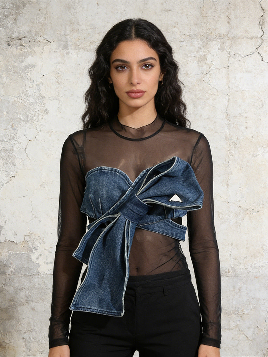 Denim Bow Mesh Overlay Top