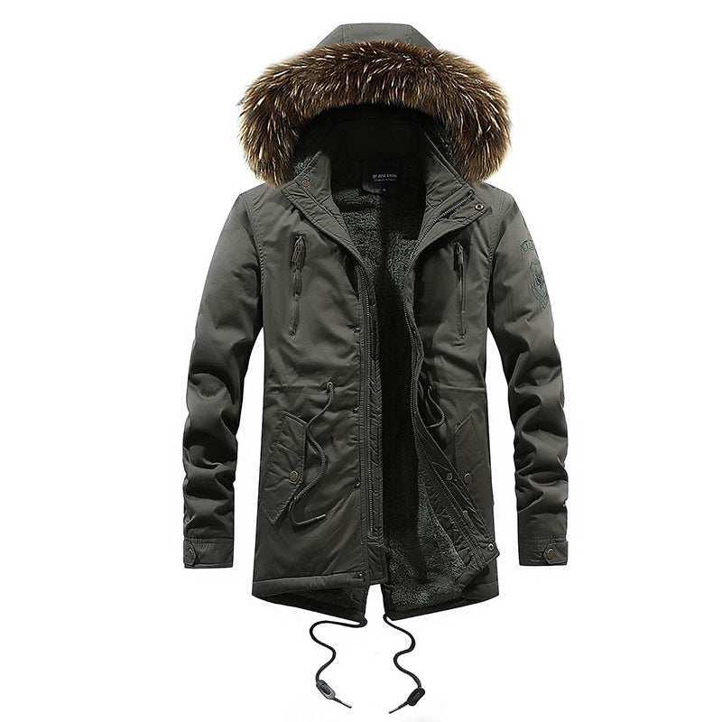 Men's Mid-length Cotton Coat With Big Fur Collar