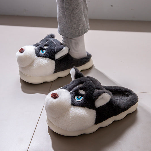 Cute Husky Cartoon Pure Cotton Slippers Men's Style Warm Indoor Slippers For Winter Home Use