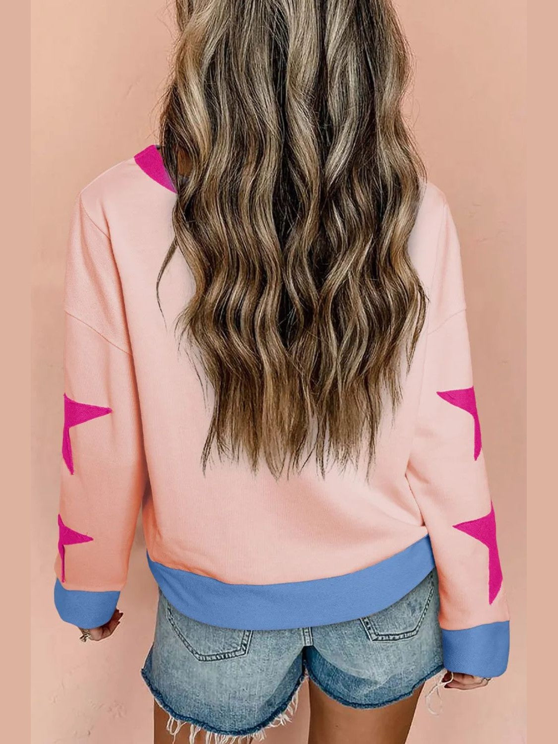 Women Star Contrast Round Neck Long Sleeve Sweatshirt