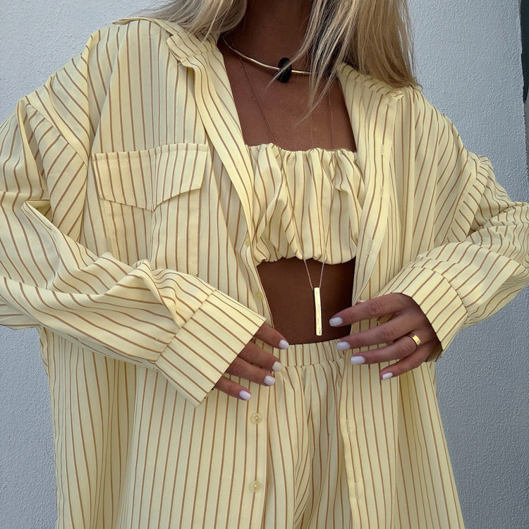 Women's Striped 3 Piece Outfit Set&Oversized Button Down Shirt&Crop Tube Top&Elastic Shorts&Yellow Casual Loungewear