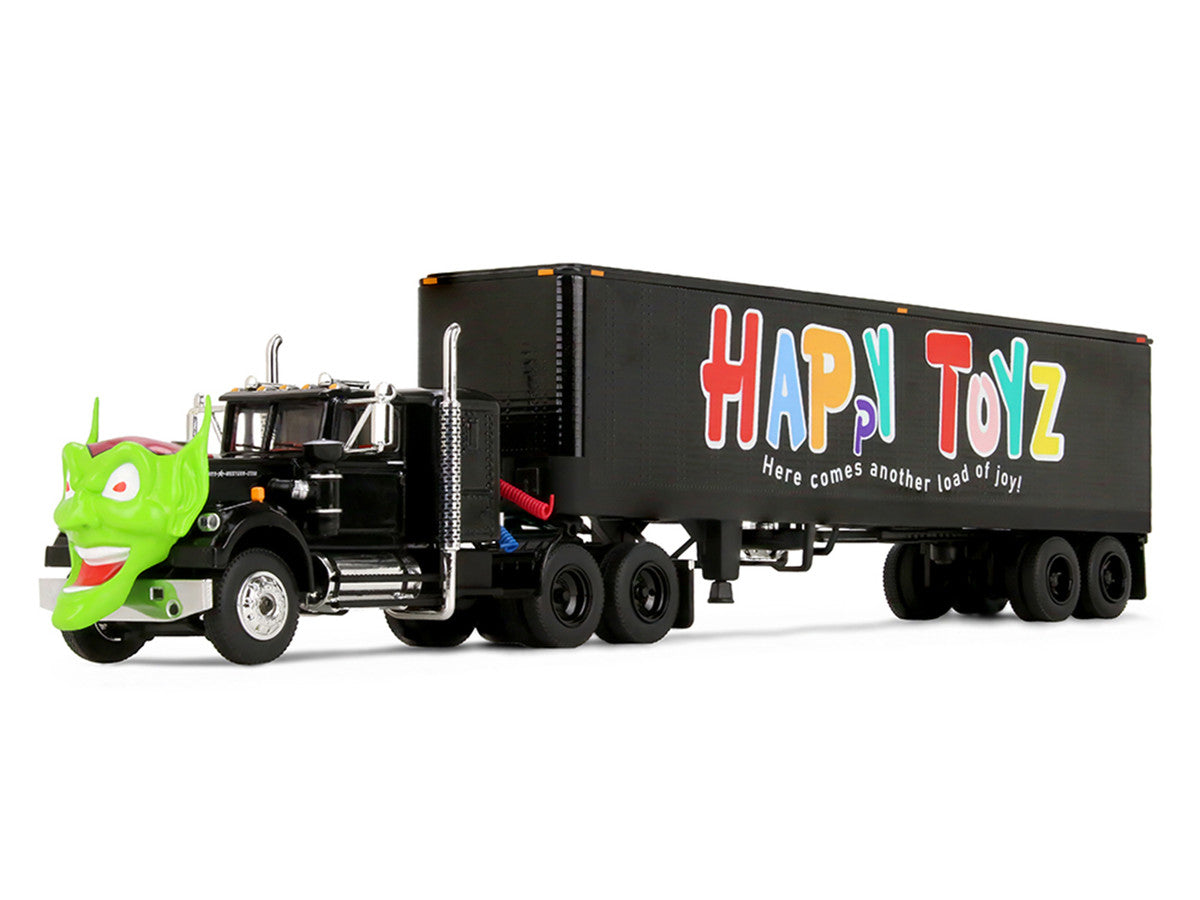 White Western Star 4800 with Green Goblin Head and 40' Vintage Trailer Black with Graphics "Maximum Overdrive" (1986) Movie 40th Anniversary 1/64 Diecast Model by DCP/First Gear