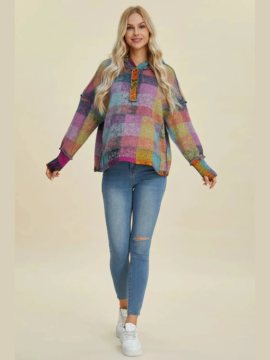 Double Take Full Size Plaid Dropped Shoulder Fleece Hoodie