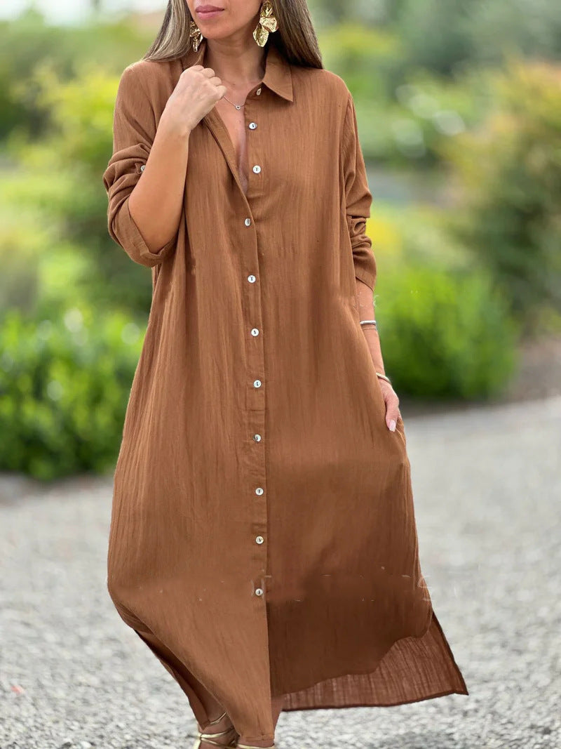 2026 Women's Dress, Cotton And Linen Shirt, Long Skirt, Fashionable Casual Long Sleeved Cardigan Dress