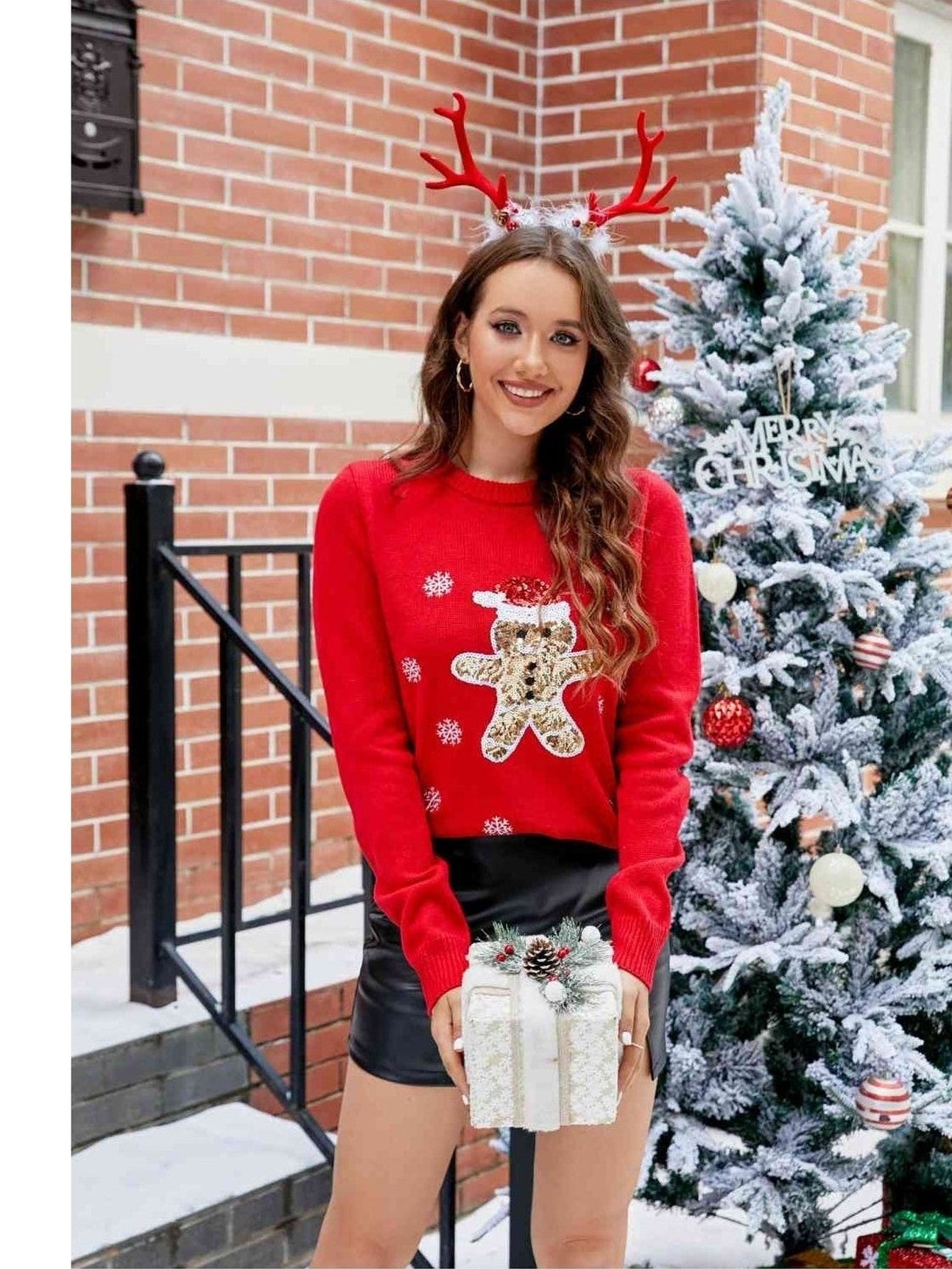 Women Sequin Reindeer Graphic Round Neck Christmas Sweater