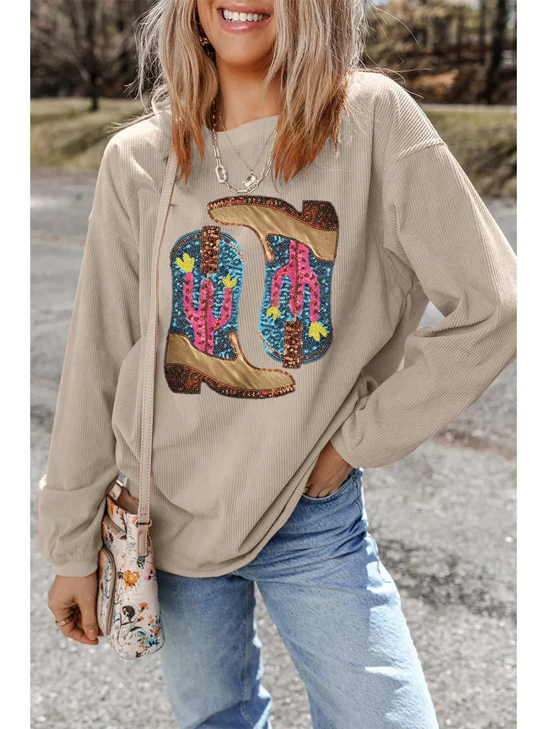 Women Full Size Sequin Boots Round Neck Long Sleeve Sweatshirt
