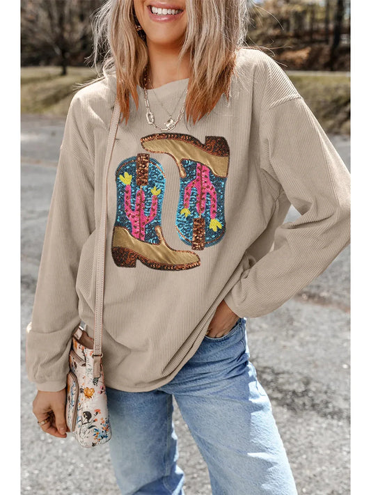 Women Full Size Sequin Boots Round Neck Long Sleeve Sweatshirt